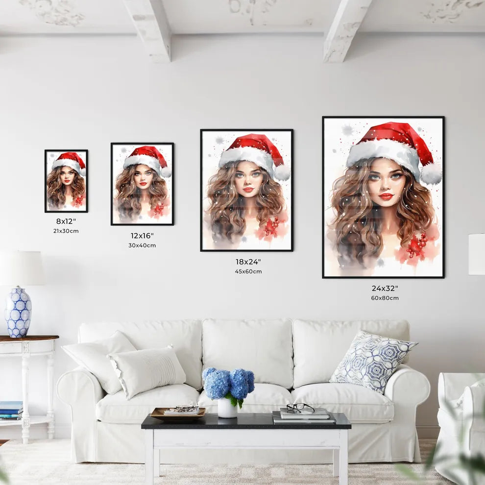 Woman Wearing A Santa Hat Art Prin Wall Art