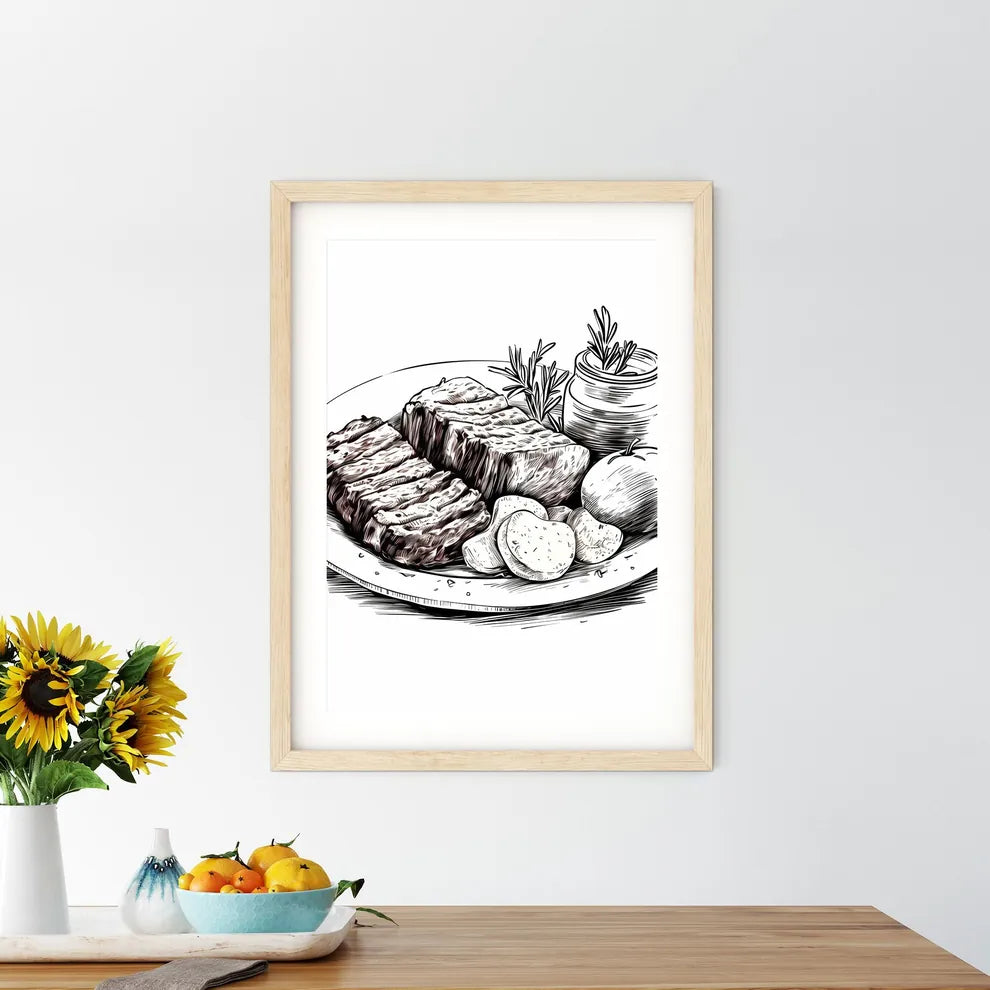 Plate Of Food With Meat And Potatoes Art Pri - Kitchen Hangings