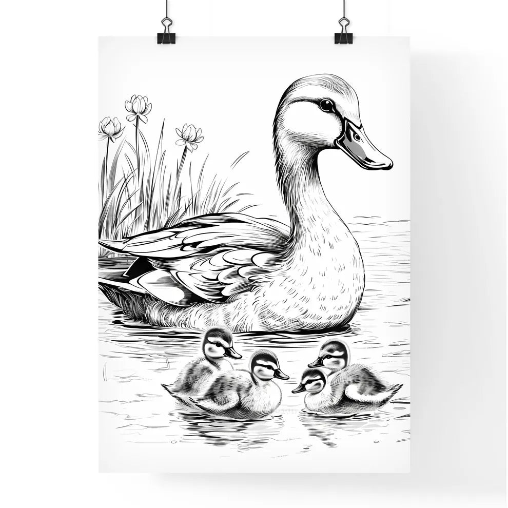 Duck With Ducklings In Water  Poster