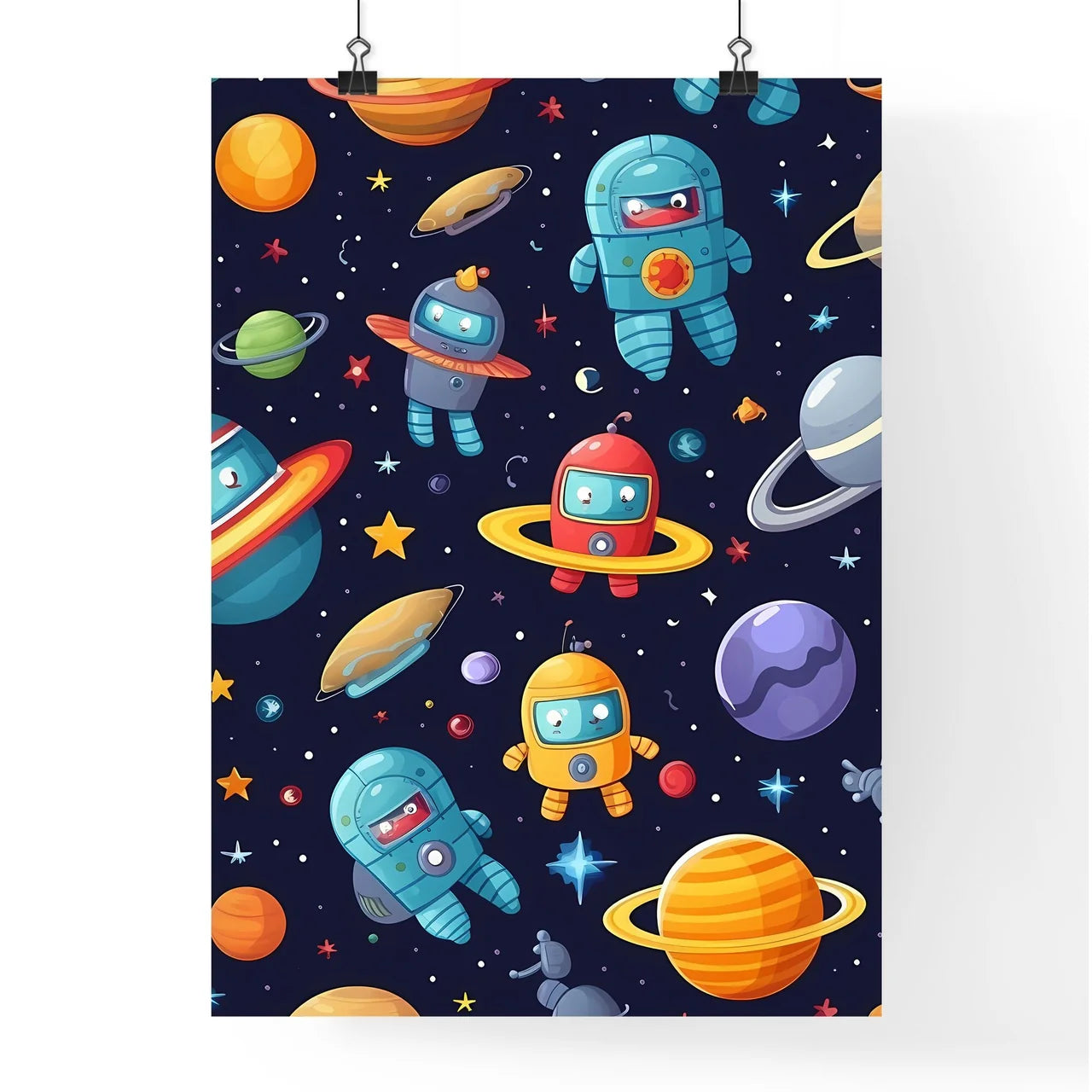 Seamless Pattern Of Cartoon Robots And Plane Poster
