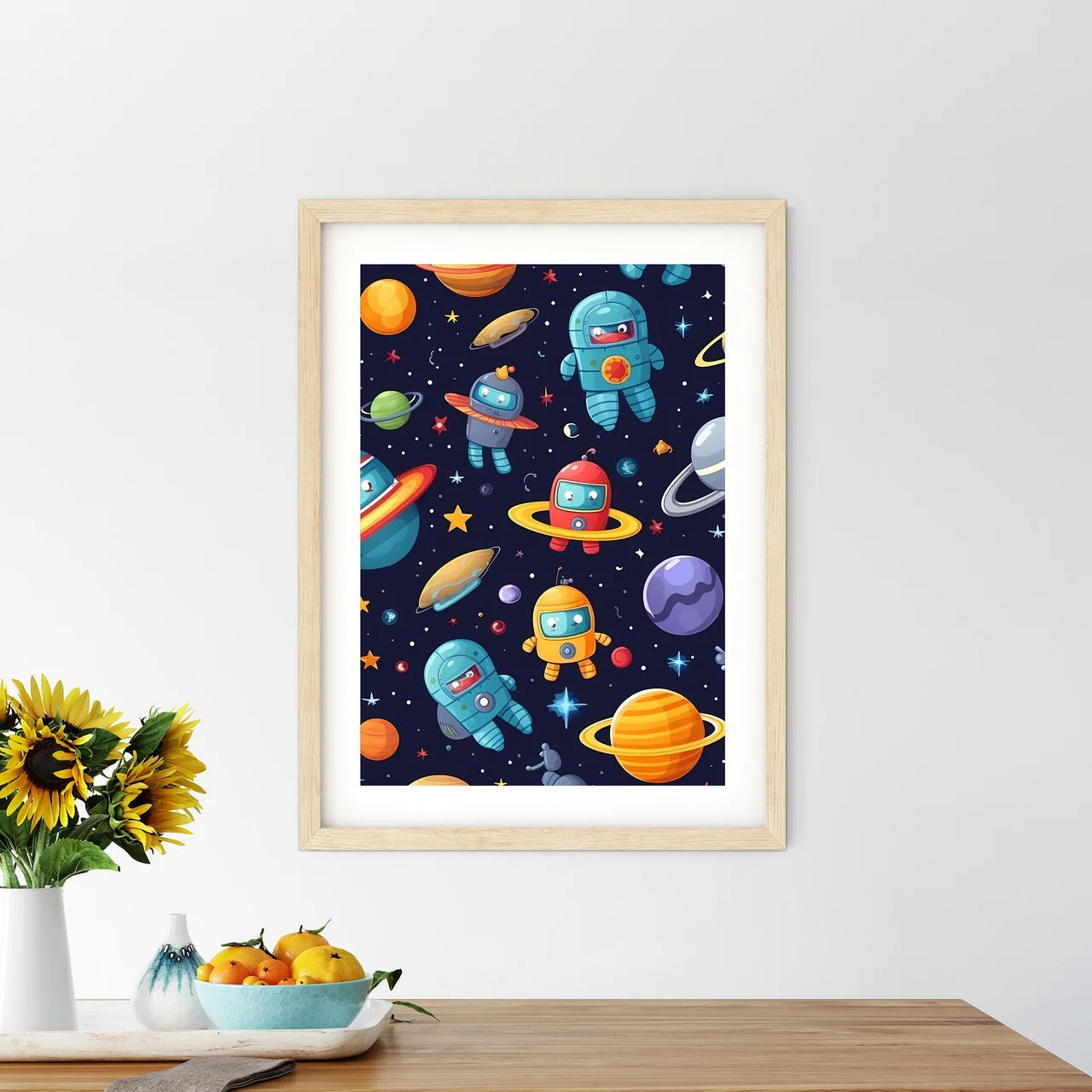 Seamless Pattern Of Cartoon Robots And Plane - Kitchen Hangings