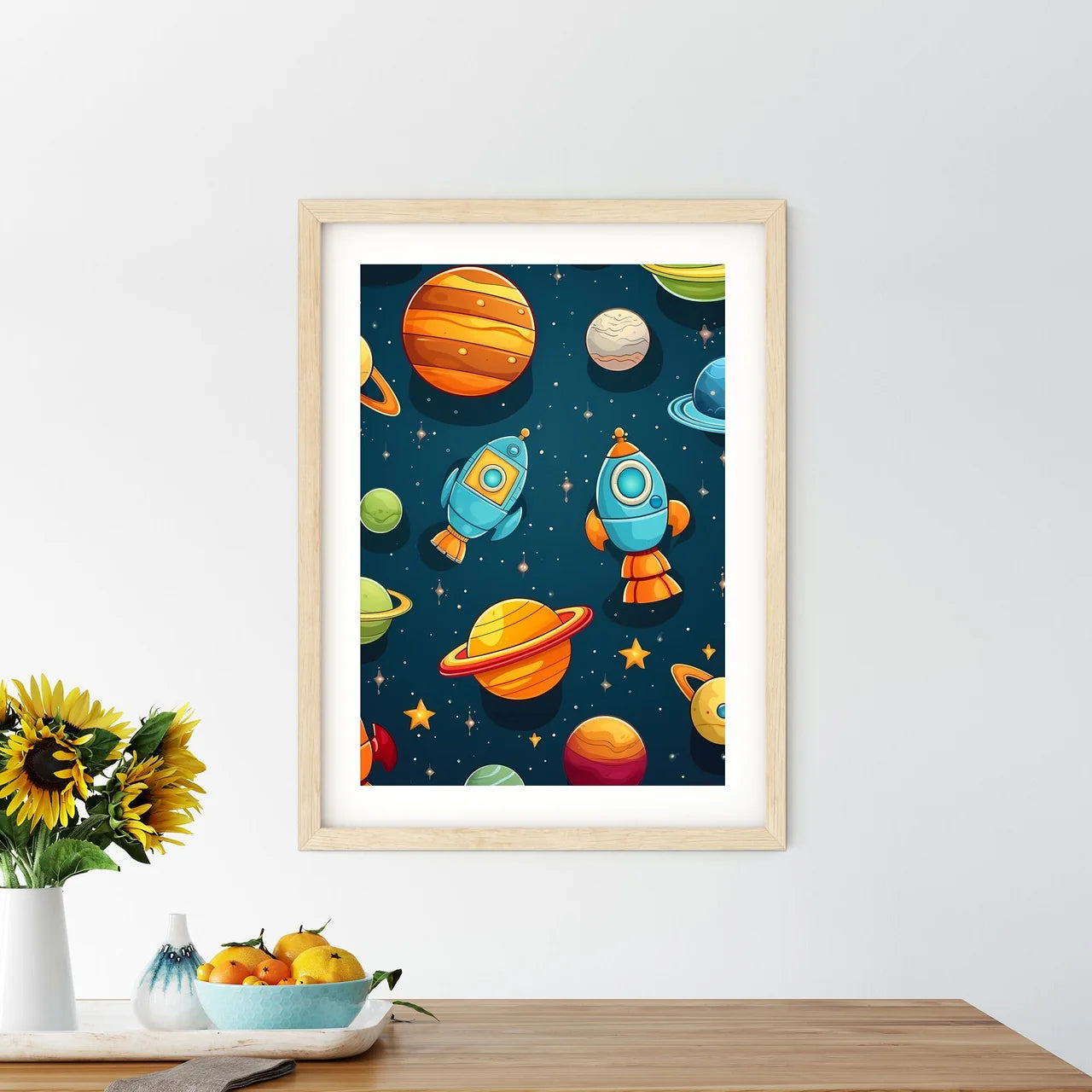 Cartoon Space Objects In Space Art Prin - Kitchen Hangings