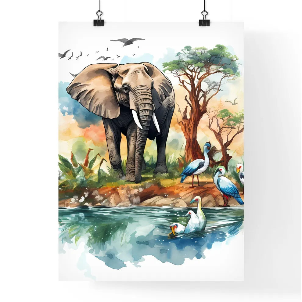 An Elephant And Birds In Wate Poster