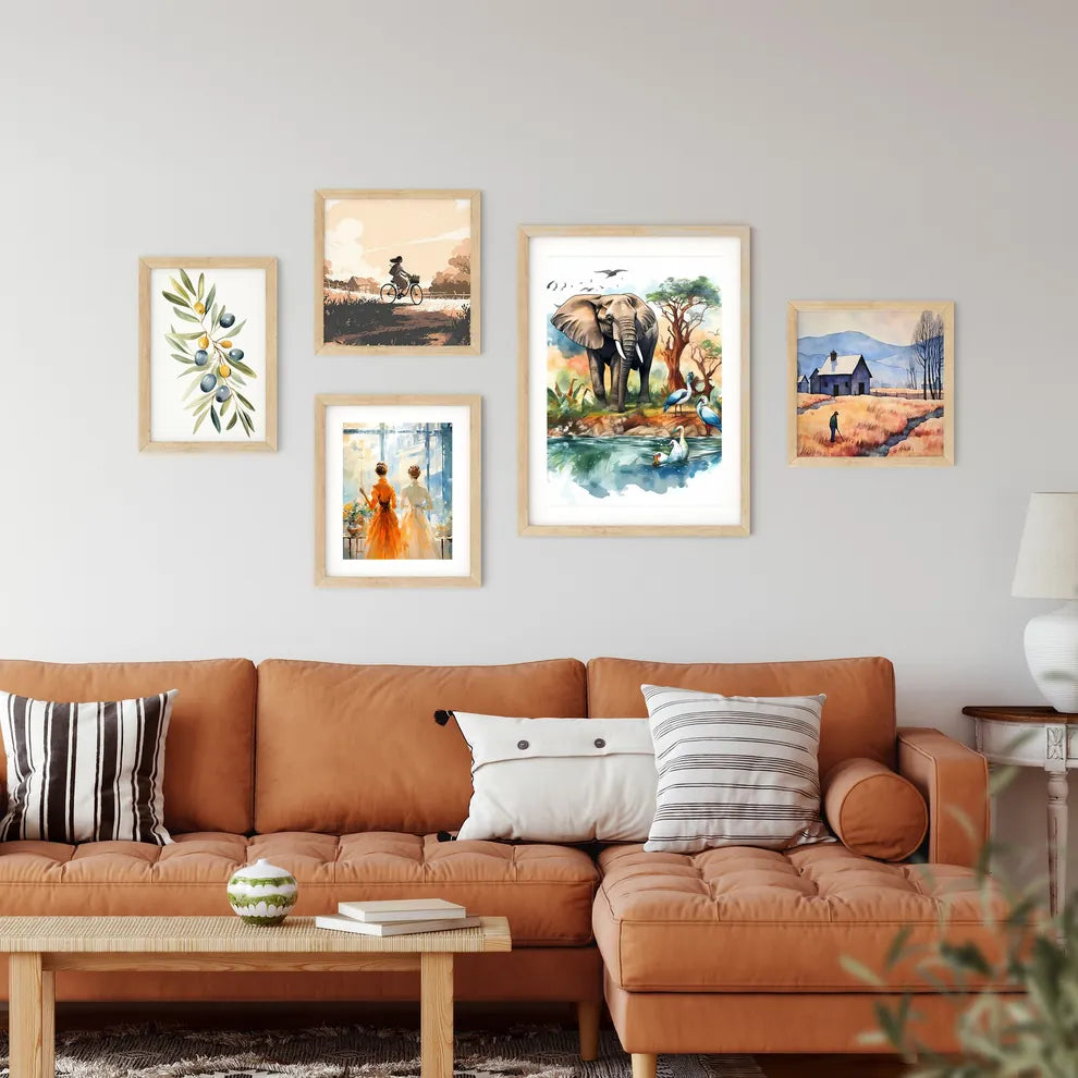 An Elephant And Birds In Wate Framed Print