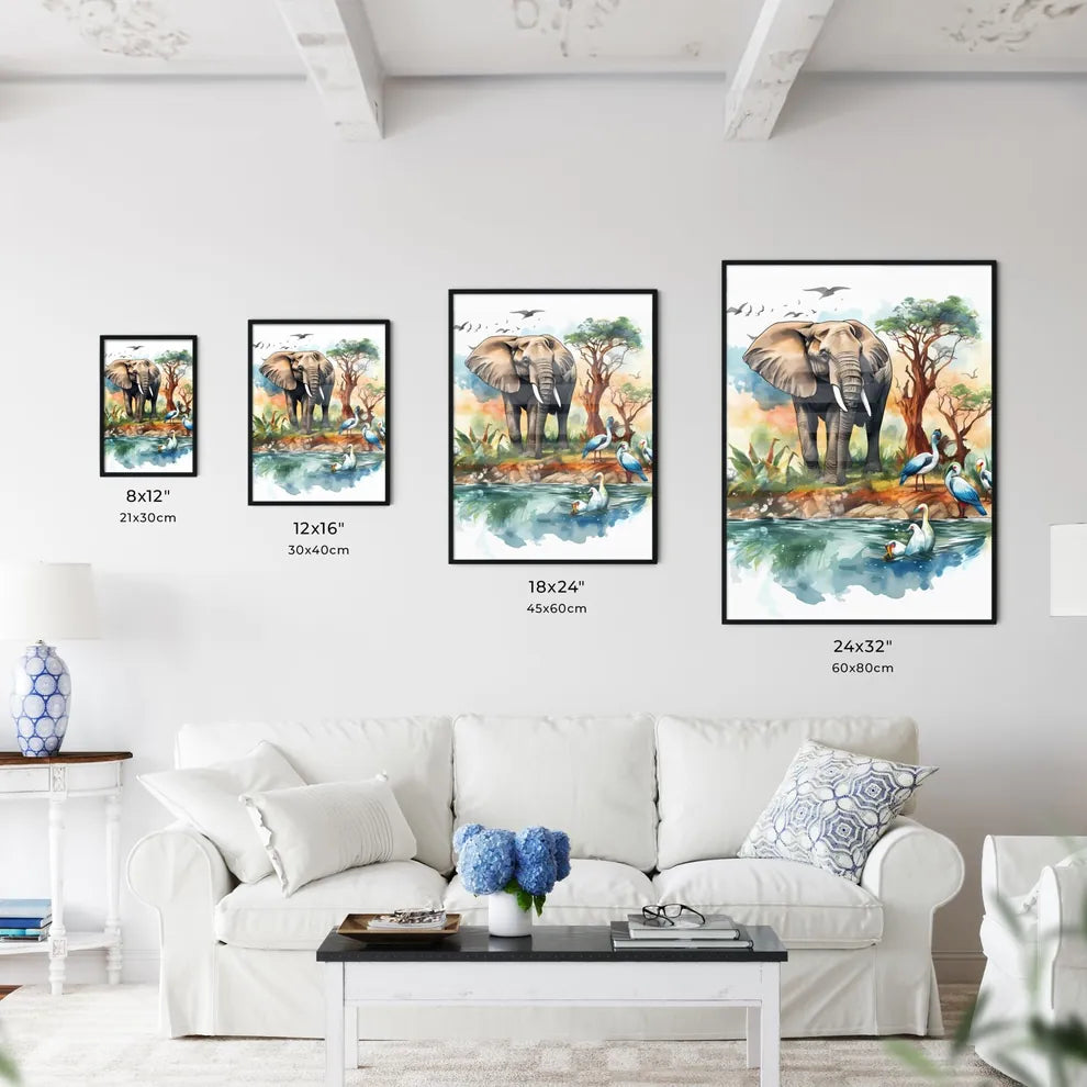 An Elephant And Birds In Wate Art Print
