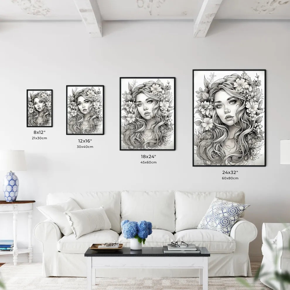 Woman With Long Hair And Flowers Art Prin Wall Art