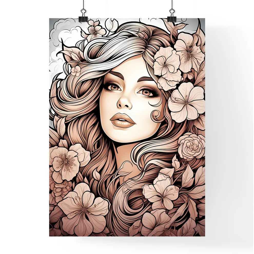 Woman With Long Hair And Flowers Art Prin Poster