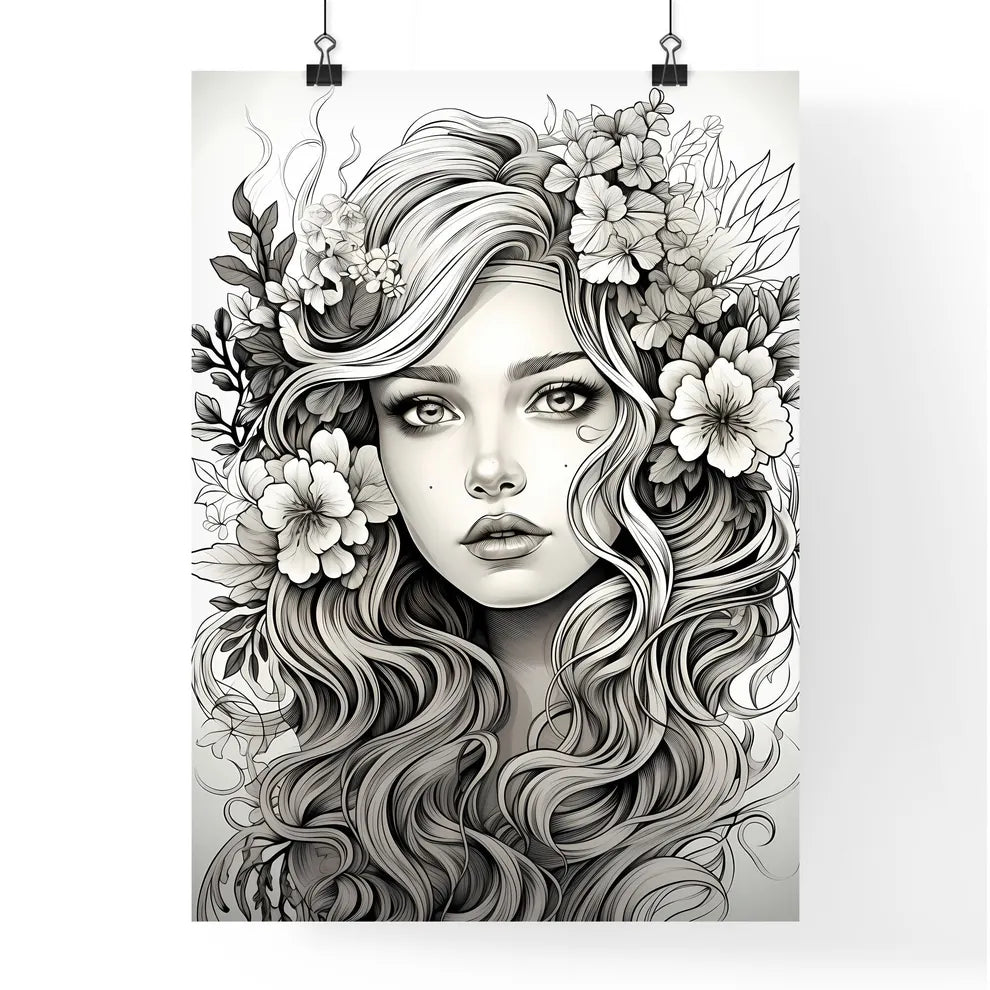Drawing Of A Woman With Flowers In Her Hair  Poster