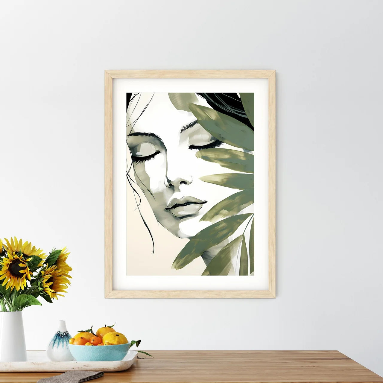 Woman With Her Eyes Closed And A Leaf Art Pr - Kitchen Hangings