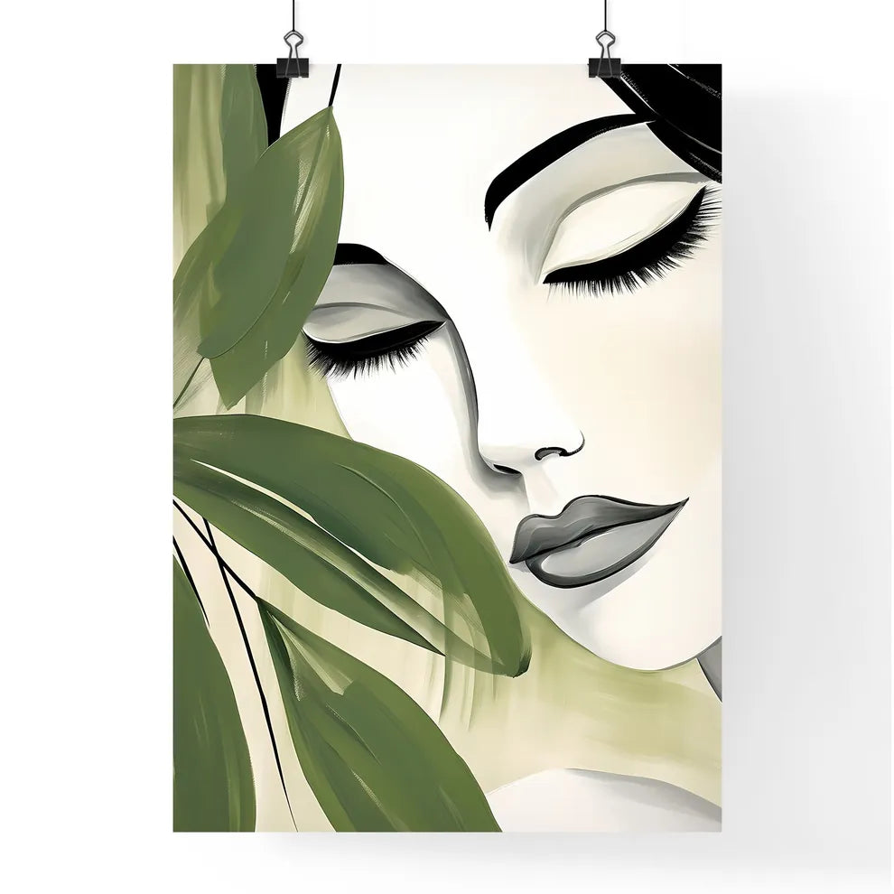 Woman With Eyes Closed And Green Leaves Art  Poster
