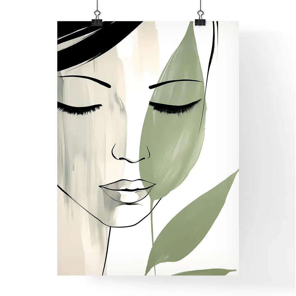 Drawing Of A Womans Face With Green Leaves A Poster