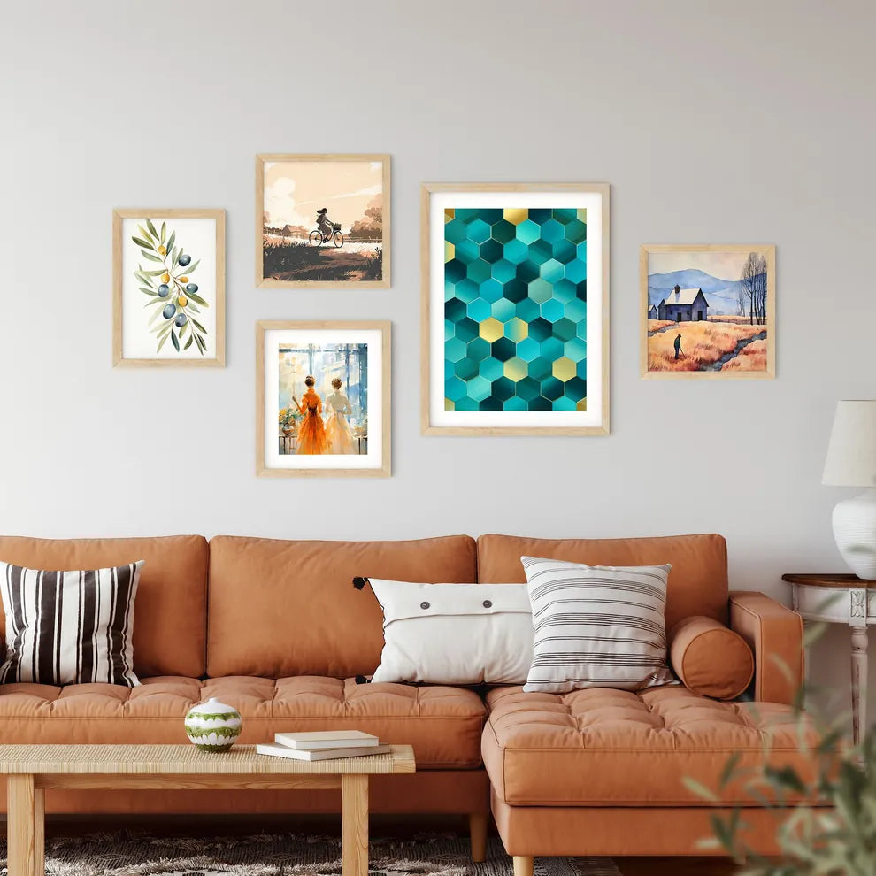 Blue And Gold Hexagons Art Prin Framed Print