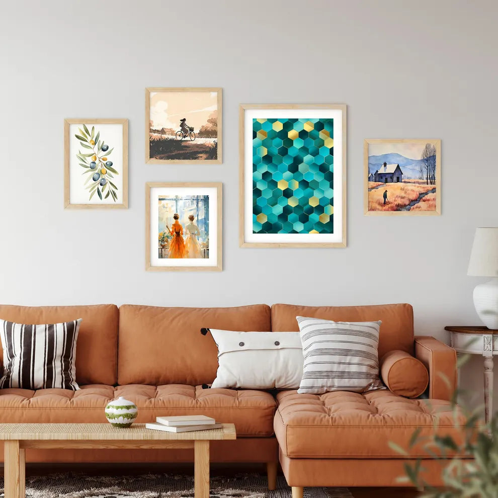 Blue And Gold Hexagons Art Prin Framed Print