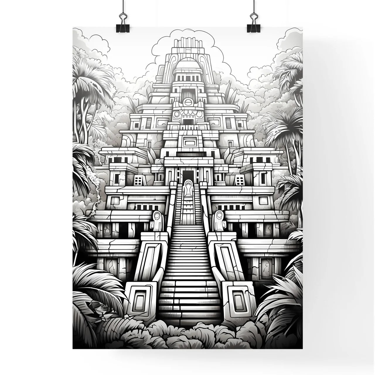 Black And White Drawing Of A Pyramid With Stairs Leading To A Building Art Print Poster