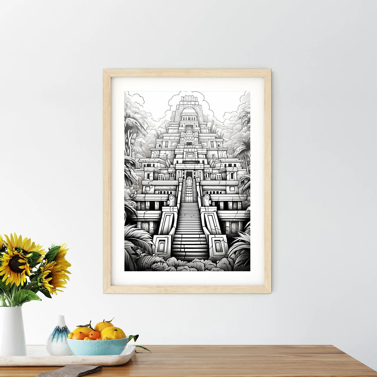 Black And White Drawing Of A Pyramid With Stairs Leading To A Building Art Print Size Chart
