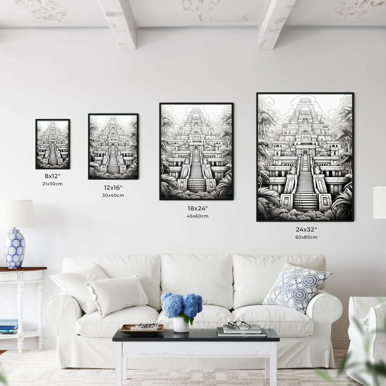 Black And White Drawing Of A Pyramid With Stairs Leading To A Building Art Print Interior Design