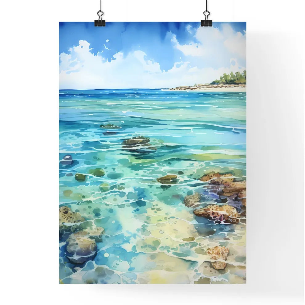 Water Painting Of A Beach With Rocks And Tre Poster