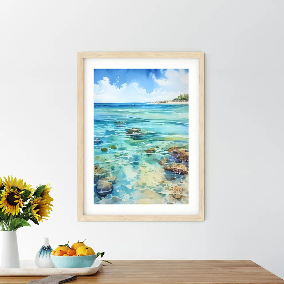 Water Painting Of A Beach With Rocks And Tre - Kitchen Hangings