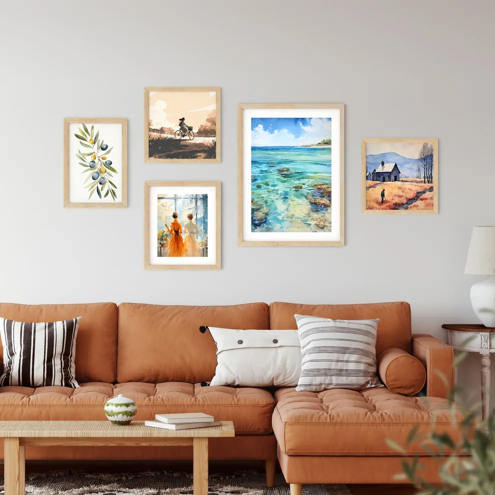 Water Painting Of A Beach With Rocks And Tre Framed Print