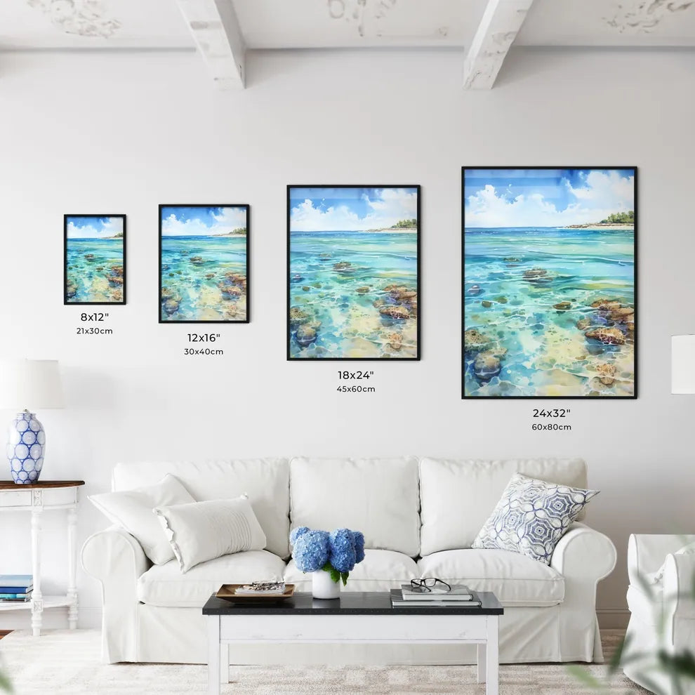 Water Painting Of A Beach With Rocks And Tre Wall Art