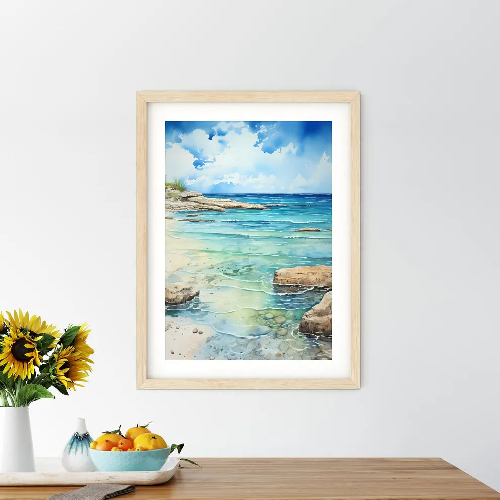 Water Painting Of A Beach With Rocks And Blu - Kitchen Hangings