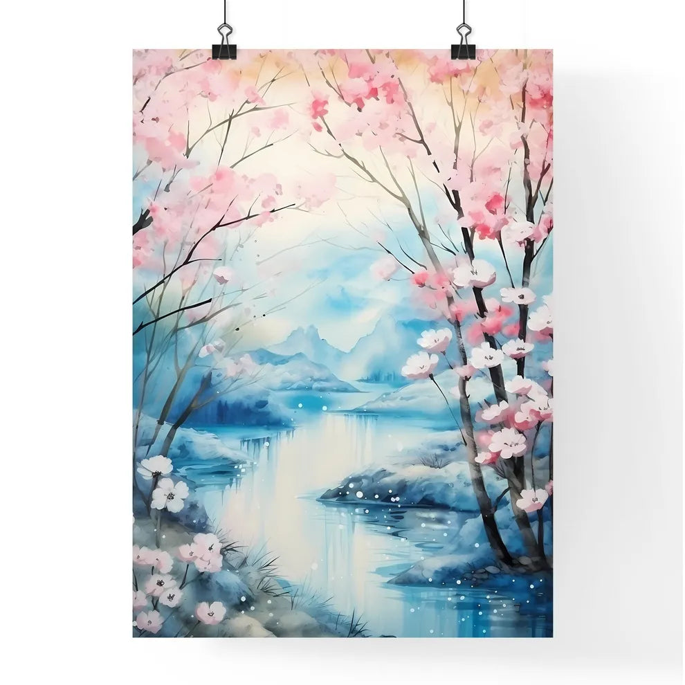 Watercolor Painting Of A River And Trees Wit Poster
