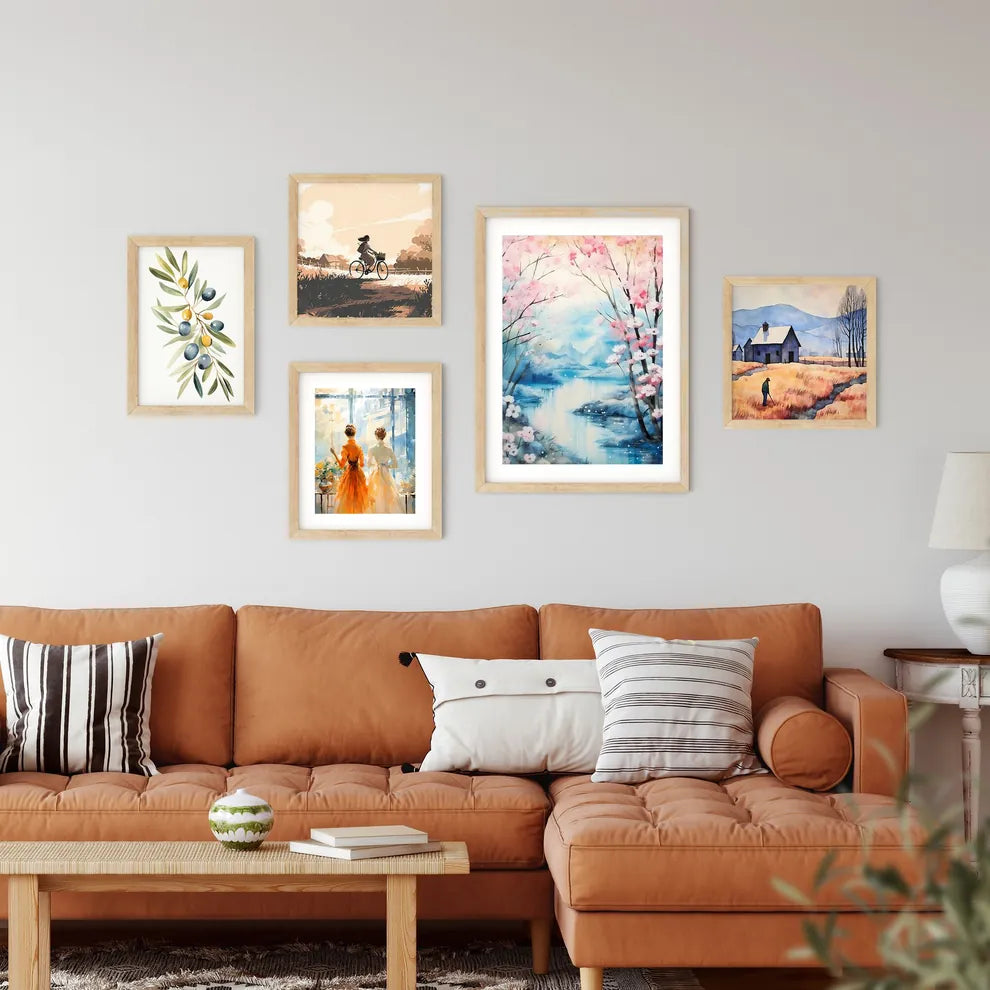 Watercolor Painting Of A River And Trees Wit Framed Print