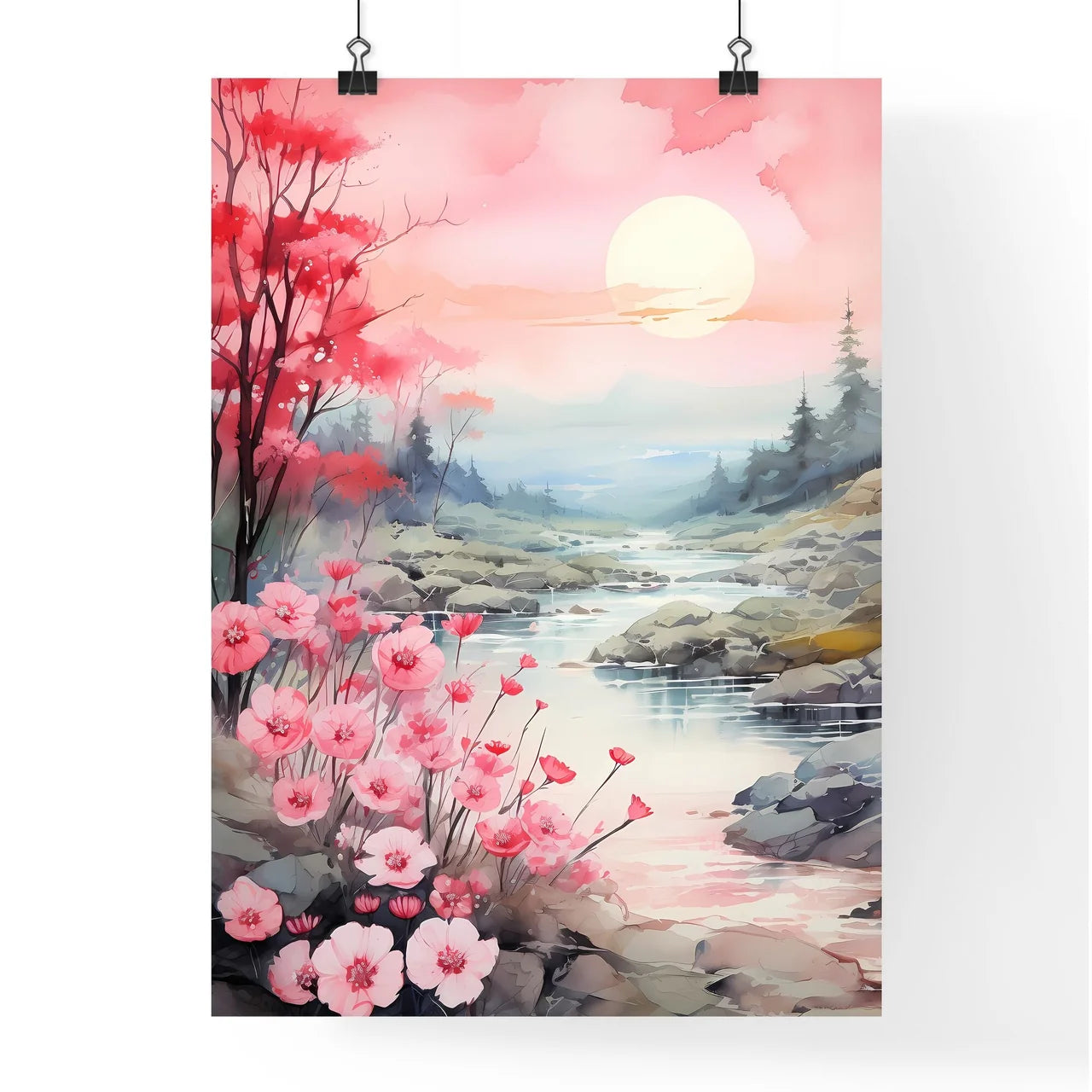 Watercolor Painting Of A River With Pink Flo Poster