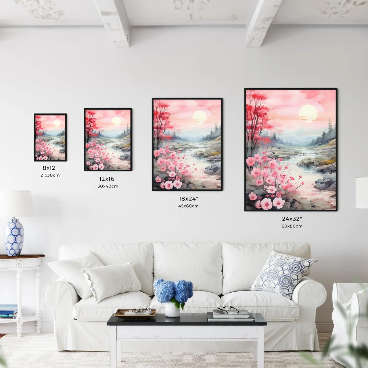 Watercolor Painting Of A River With Pink Flo - Kitchen Hangings
