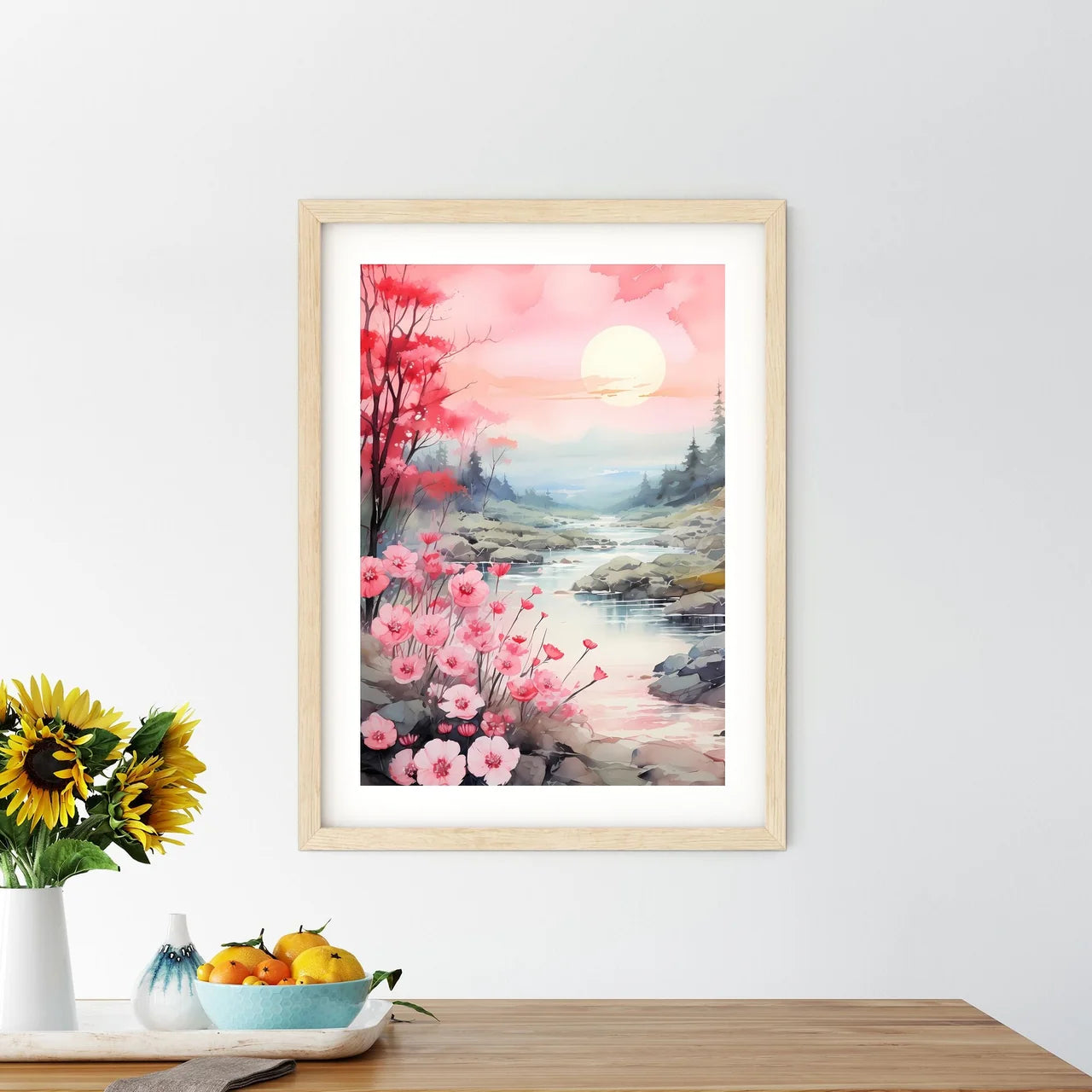 Watercolor Painting Of A River With Pink Flo Framed Print