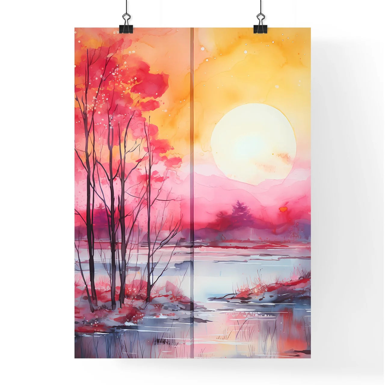 Watercolor Painting Of Trees And A Lake Art  Poster