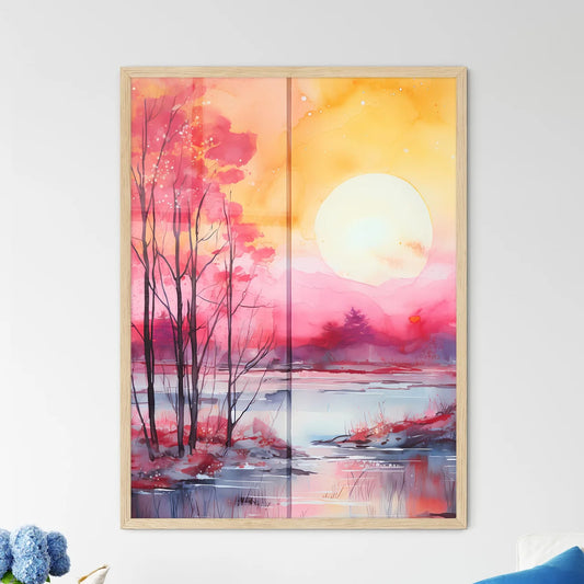 Watercolor Painting Of Trees And A Lake Art  - Framed Art Print