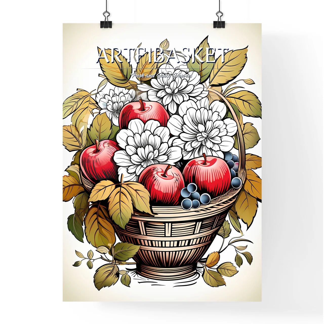 Basket Of Apples And Flowers Art Prin Poster