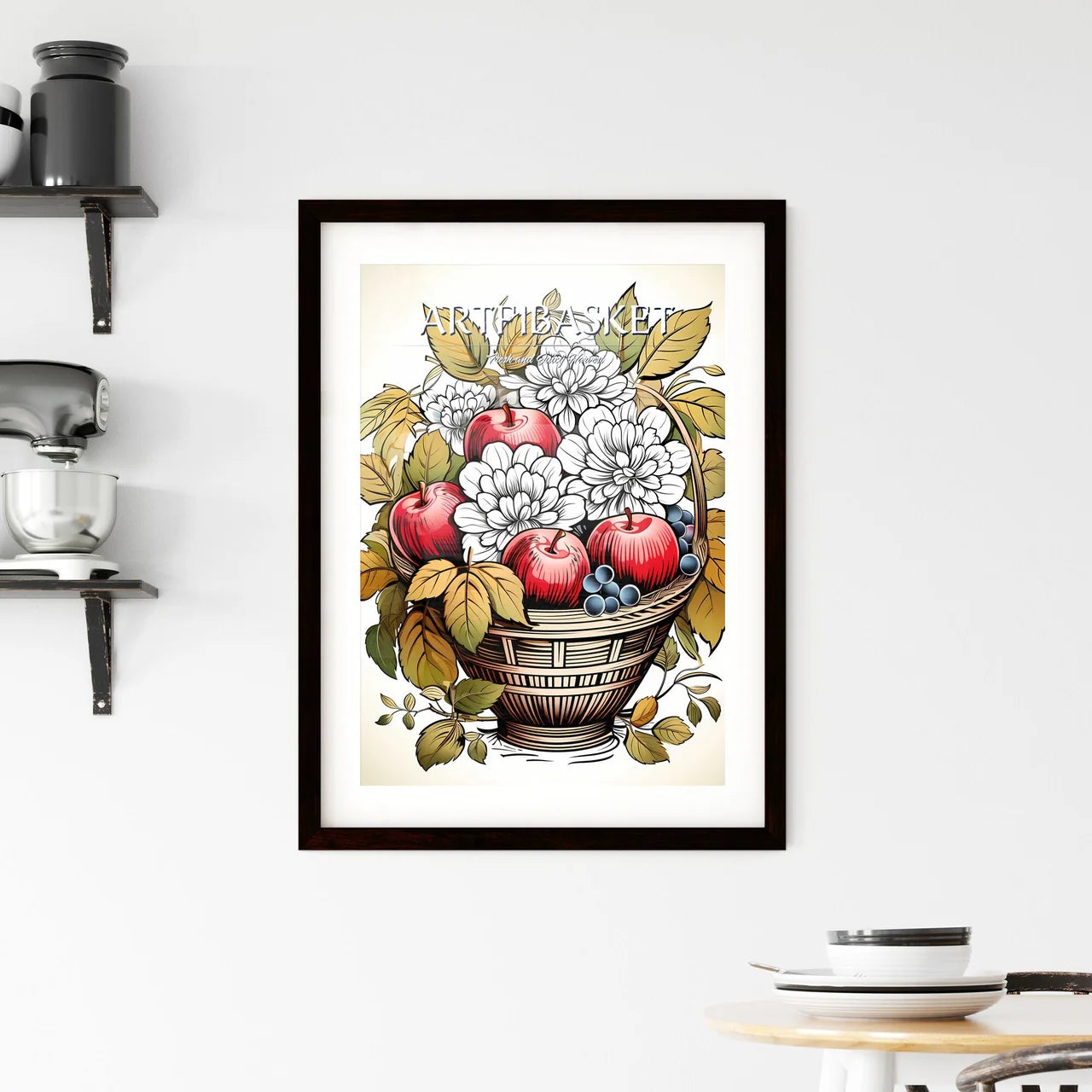 Basket Of Apples And Flowers Art Prin Framed Print