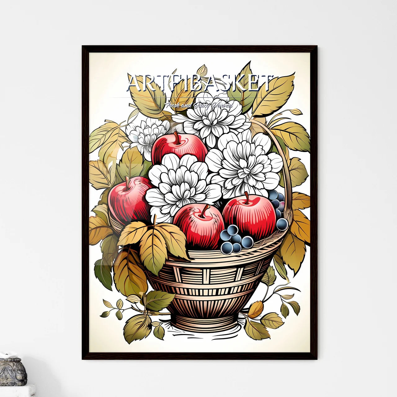 Basket Of Apples And Flowers Art Prin - Framed Art Print