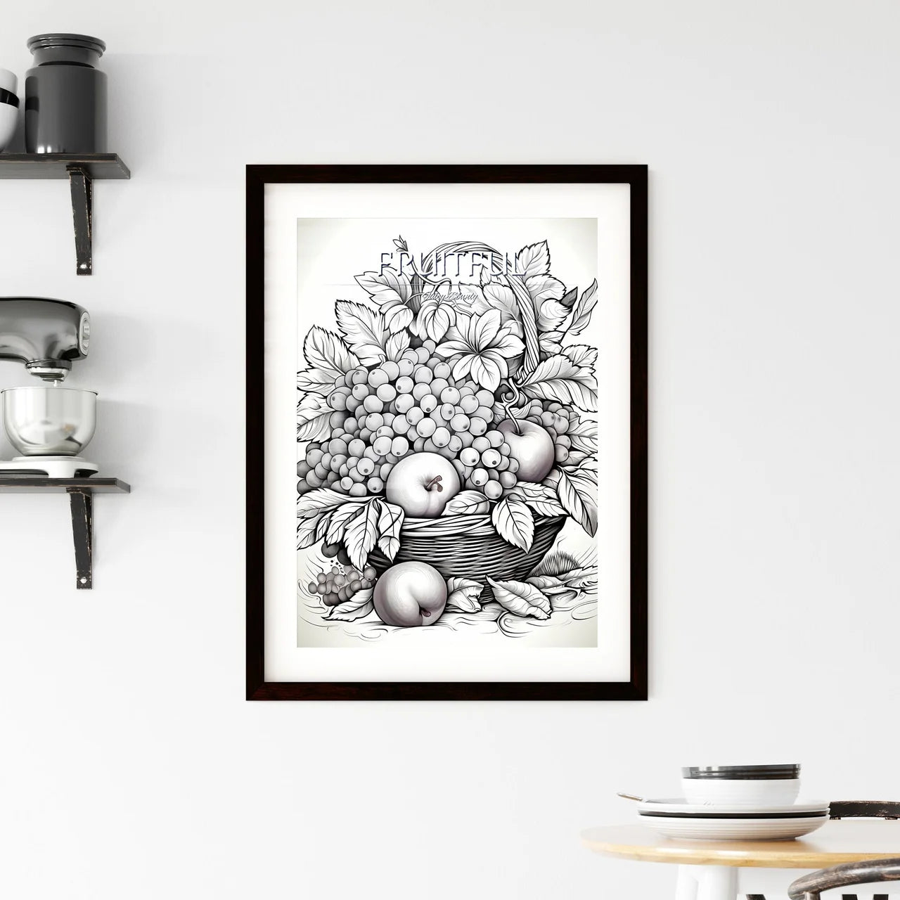 Basket Of Fruit With Leaves And Grapes Art P Framed Print