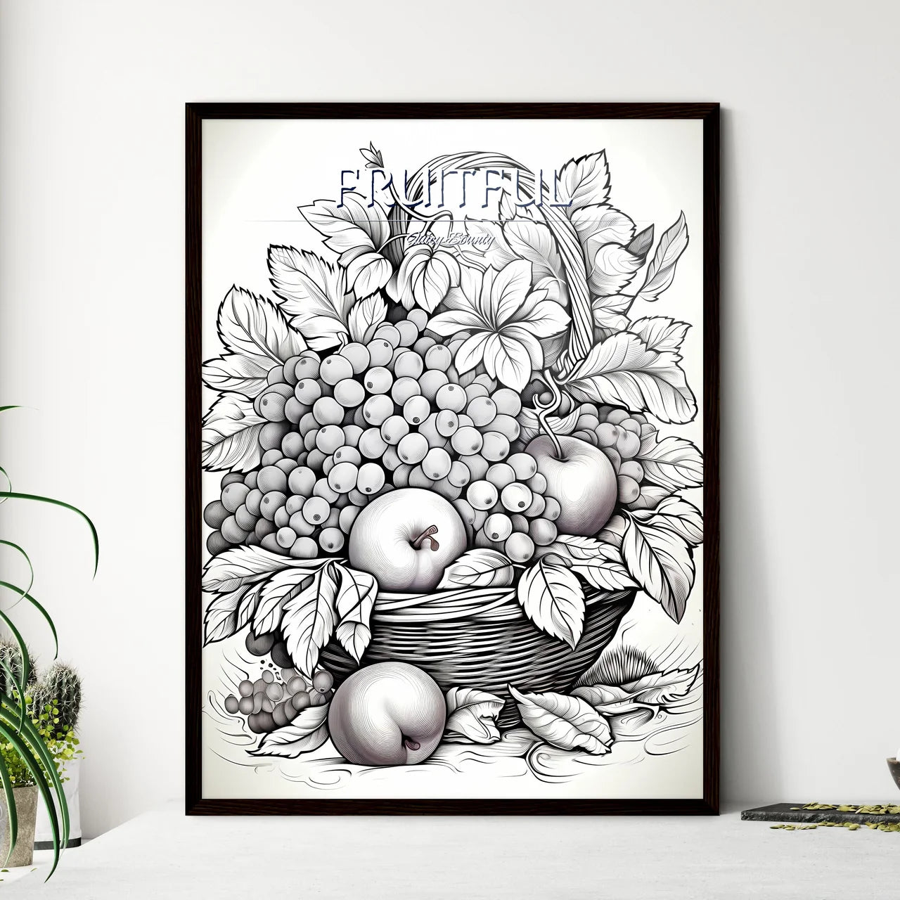Basket Of Fruit With Leaves And Grapes Art P - Framed Art Print