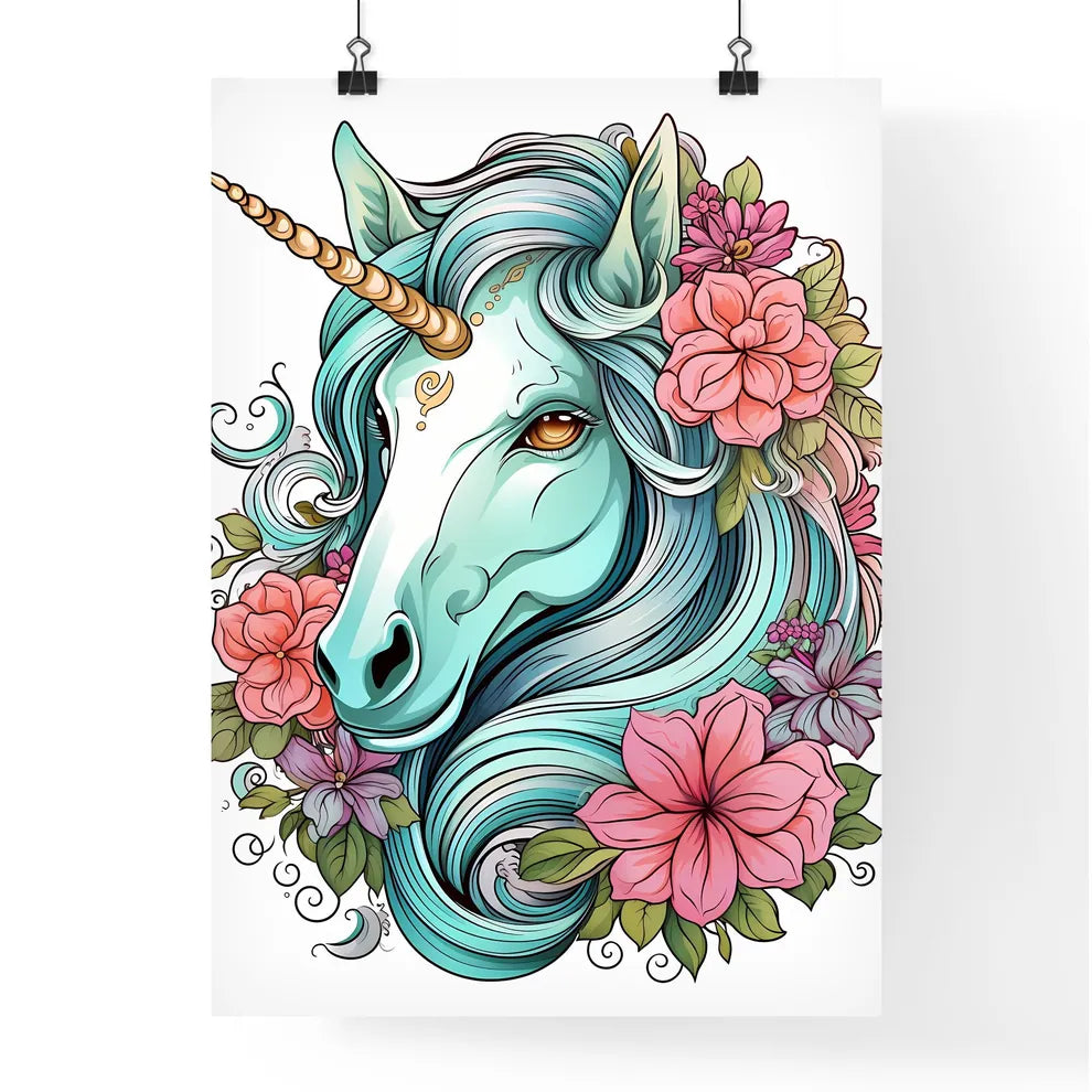 Unicorn With Flowers And Leav Poster