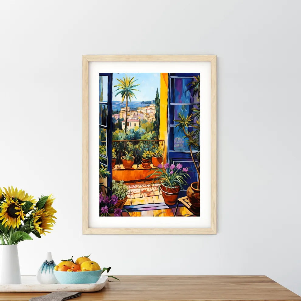 Painting Of A Balcony With Plants And Trees Art Print Size Chart