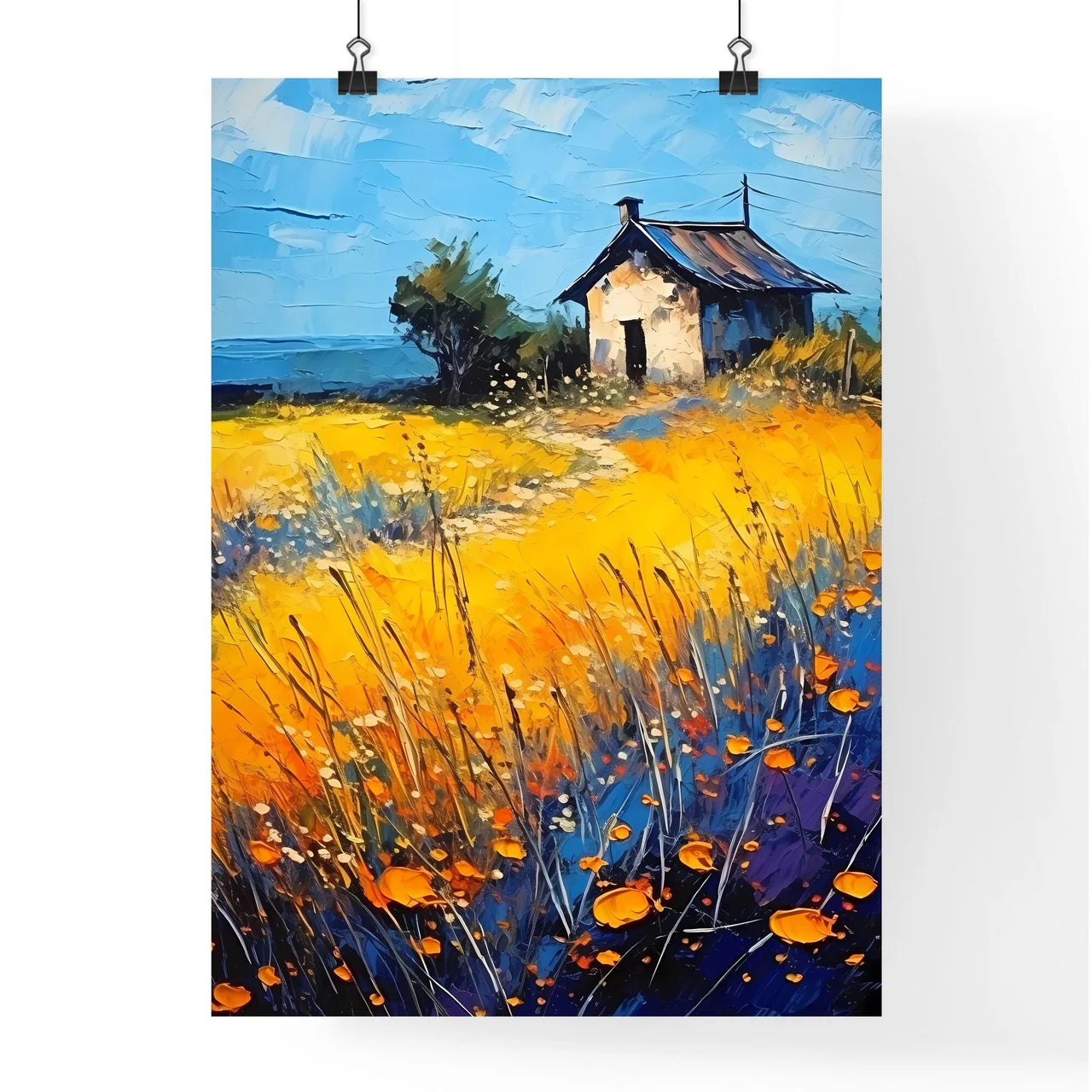 Painting Of A House In A Field Of Flowers Ar Poster