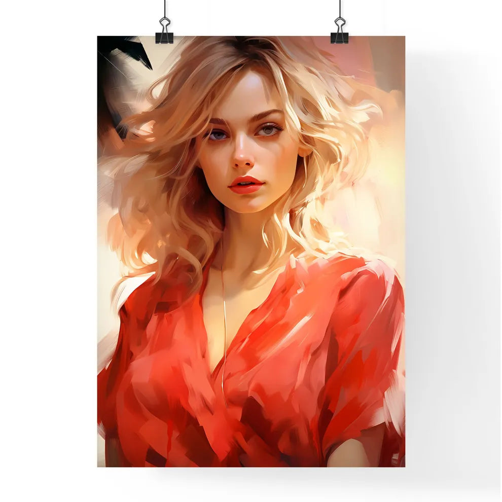 Woman With Blonde Hair Wearing A Red Shirt A Poster