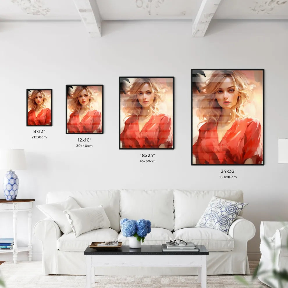 Woman With Blonde Hair Wearing A Red Shirt A Wall Art