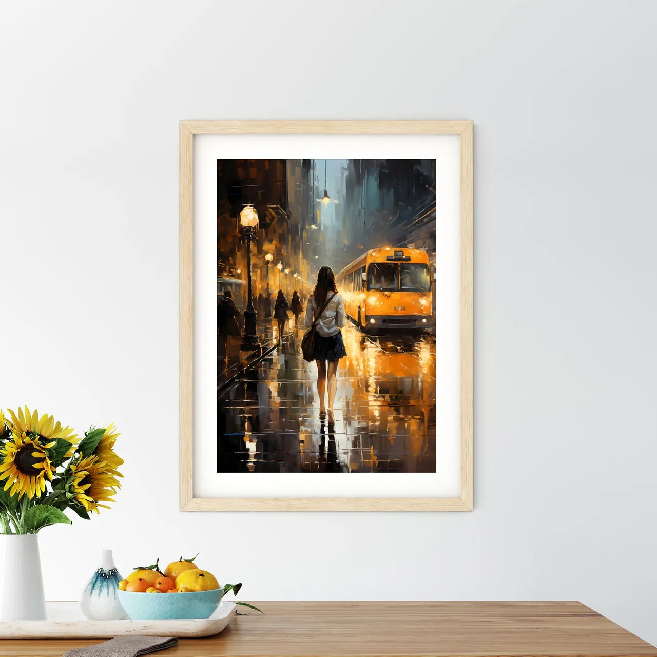 Woman Walking On A Wet Street With A Bus In The Background Art Print Size Chart