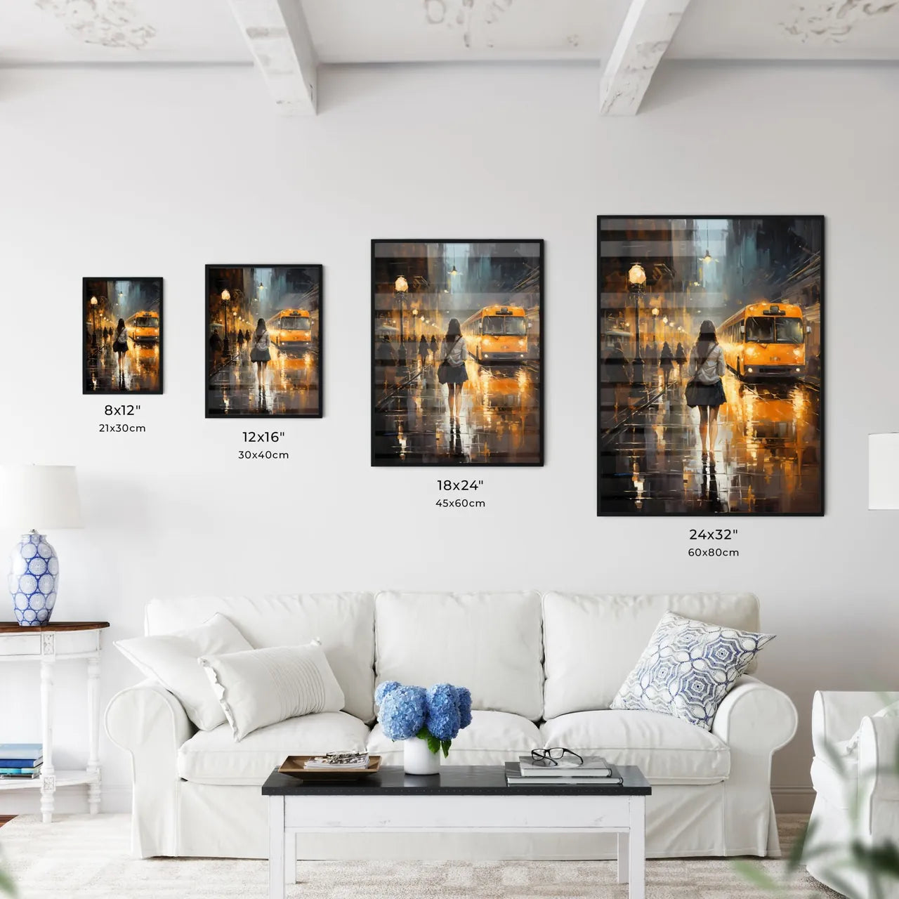 Woman Walking On A Wet Street With A Bus In The Background Art Print Interior Design