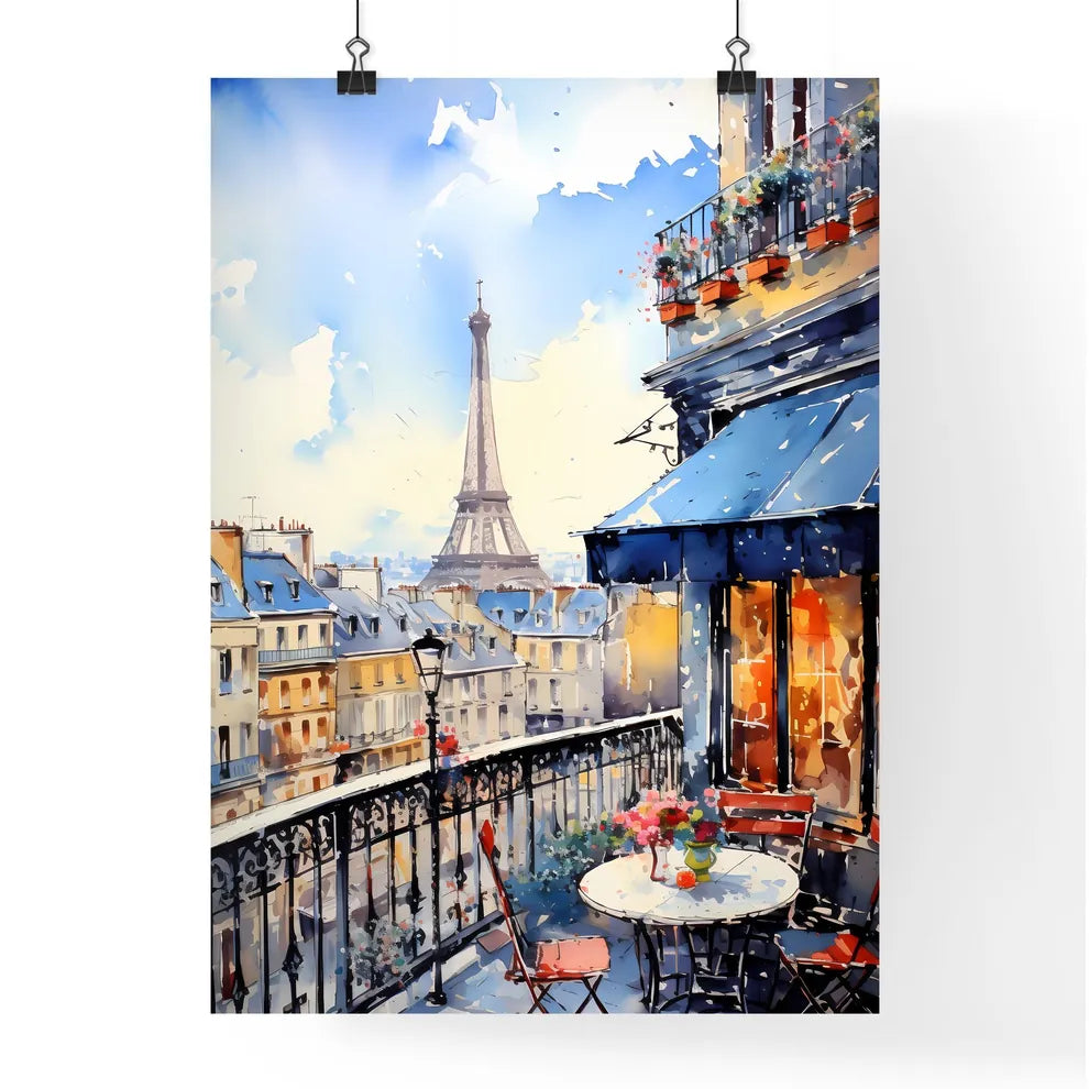 Watercolor Painting Of A Balcony With A Tower In The Background Art Print Poster