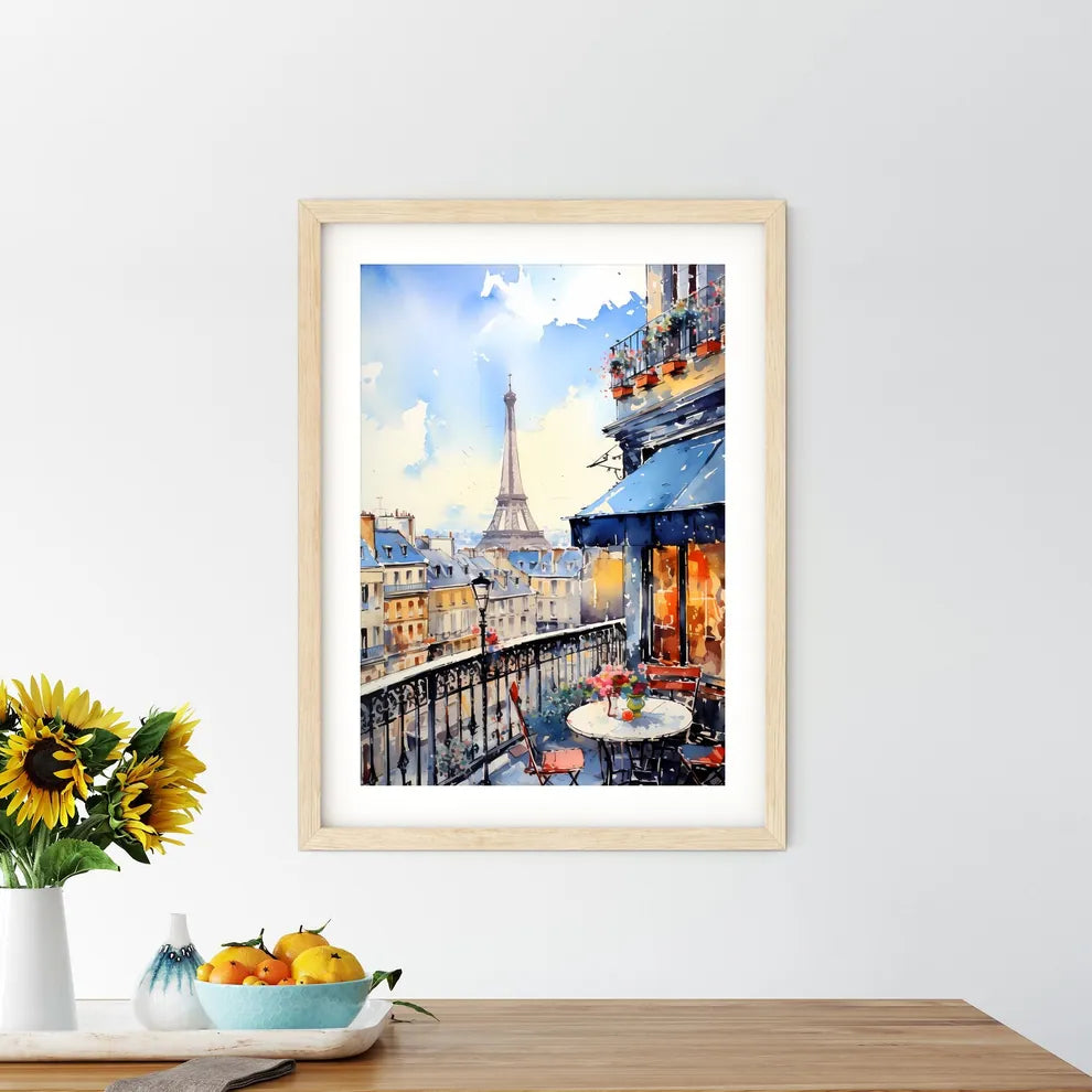 Watercolor Painting Of A Balcony With A Tower In The Background Art Print Size Chart