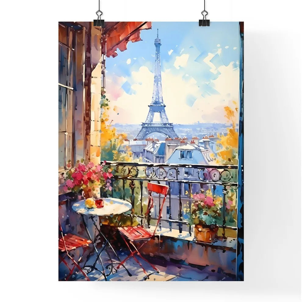 Watercolor Painting Of A Balcony With A Tower In The Background Art Print Poster