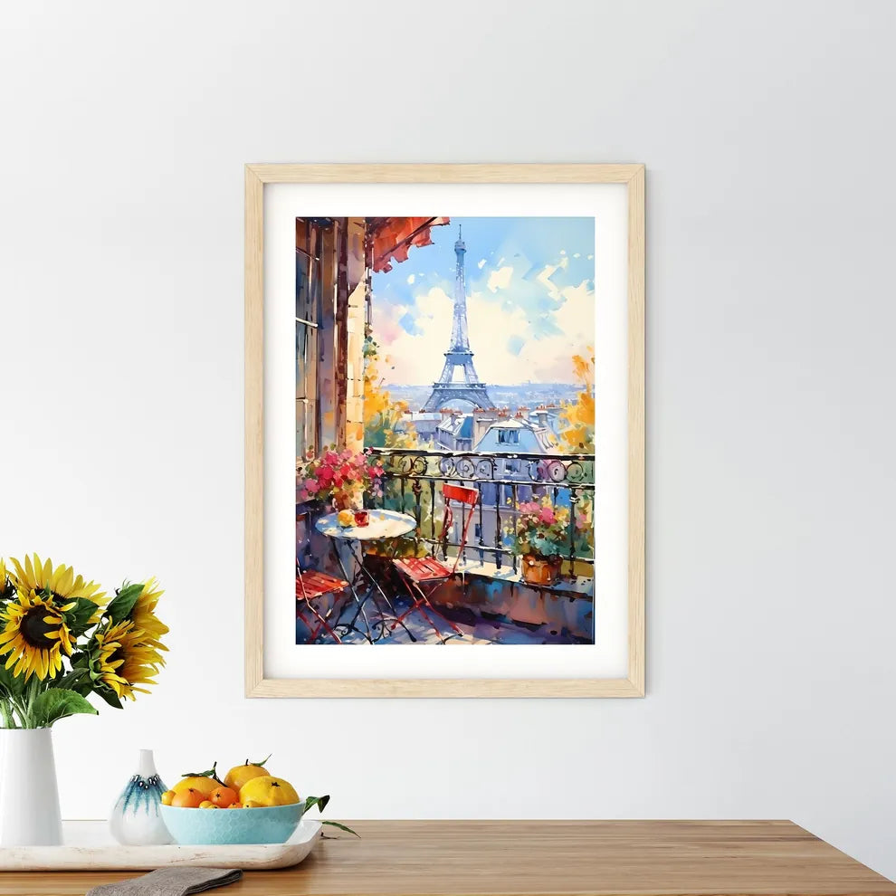 Watercolor Painting Of A Balcony With A Tower In The Background Art Print Size Chart