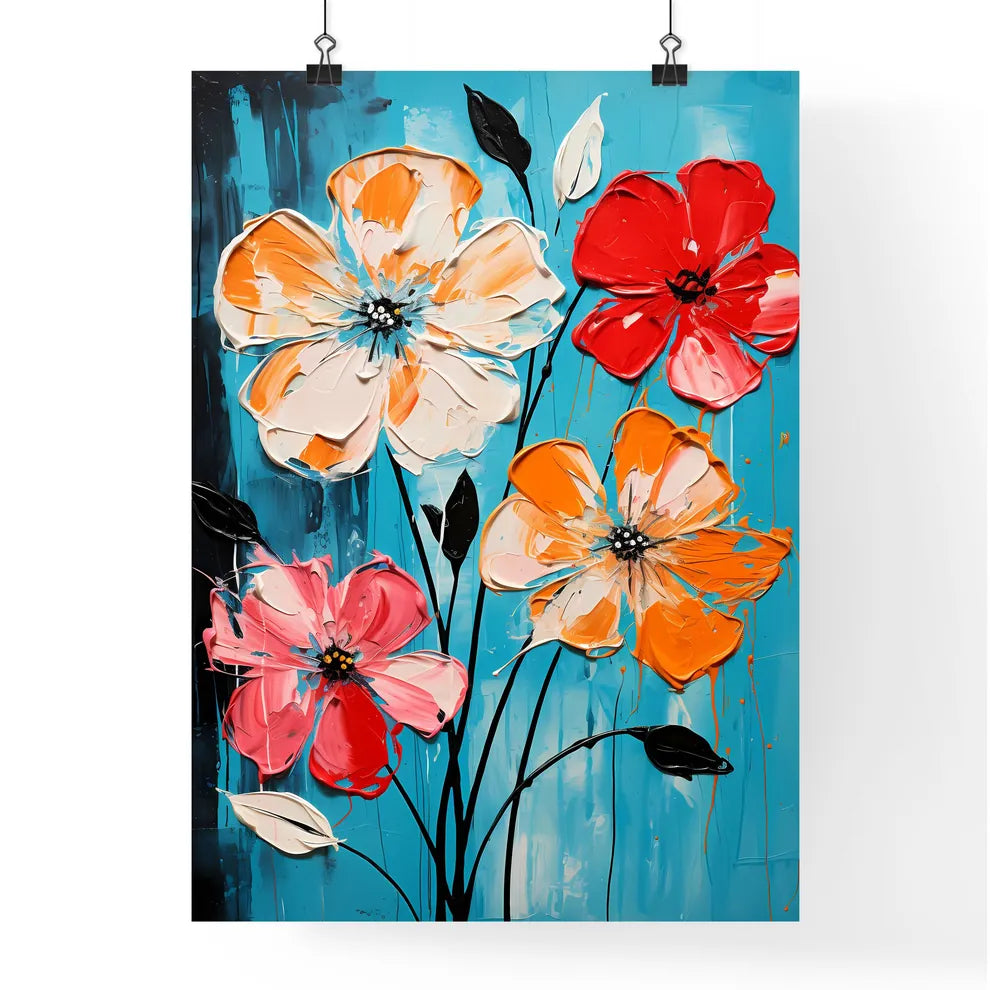 Painting Of Flowers On A Blue Background Art Poster