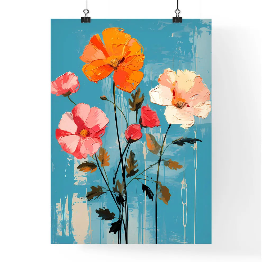 Painting Of Flowers On A Blue Background Art Poster